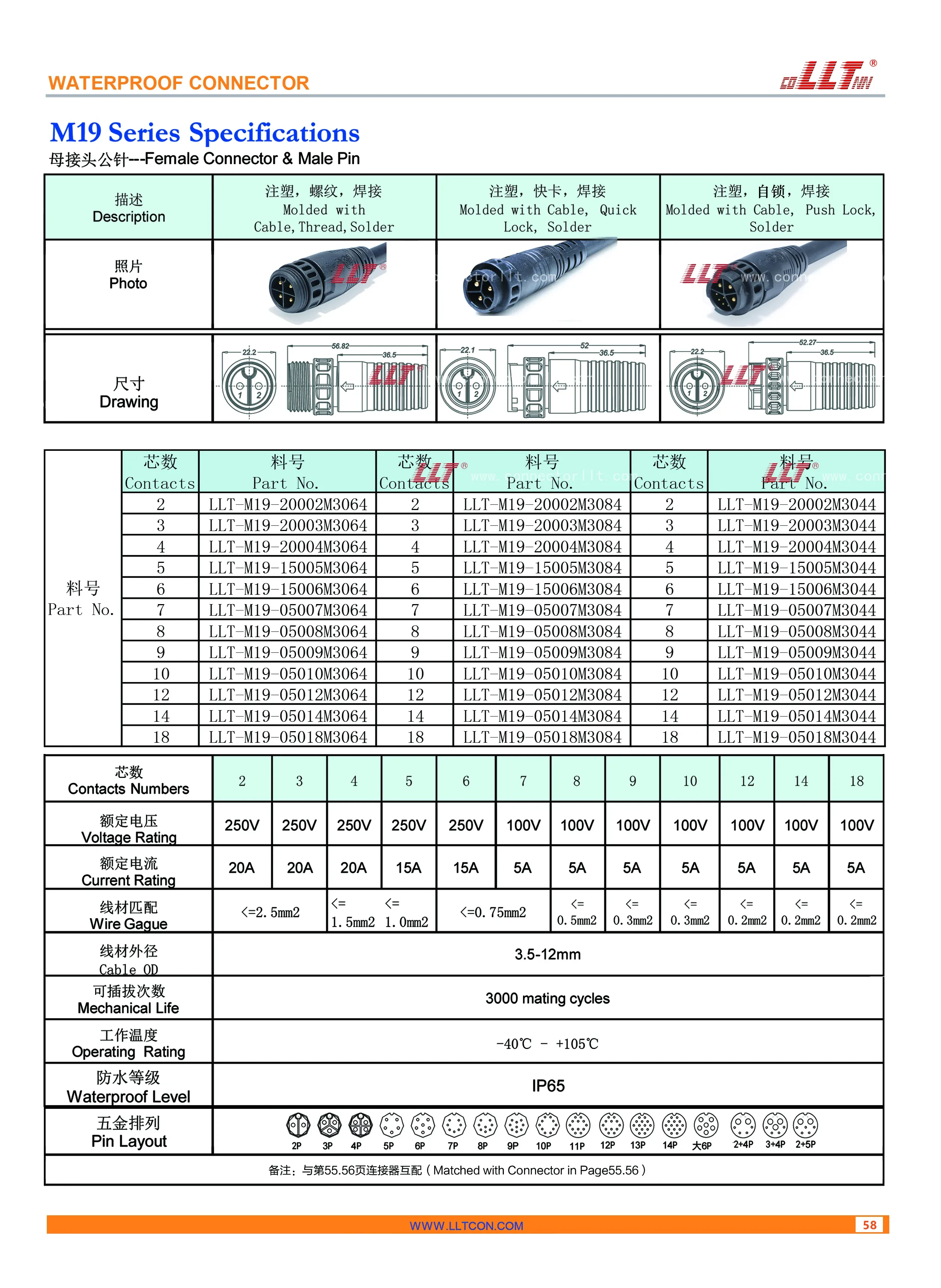 m19 注塑式公针母接头 参数图
